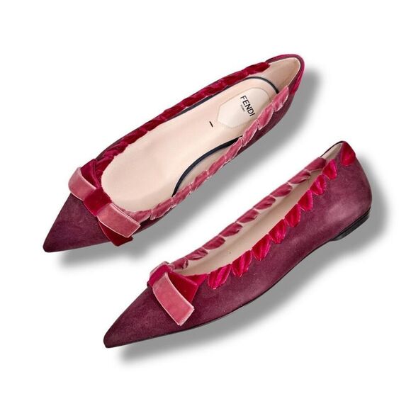 Fendi Burgundy Suede Velvet Ribbon Stitch Bow Pointed Toe Ballet Flats Size 38 - Picture 6 of 11